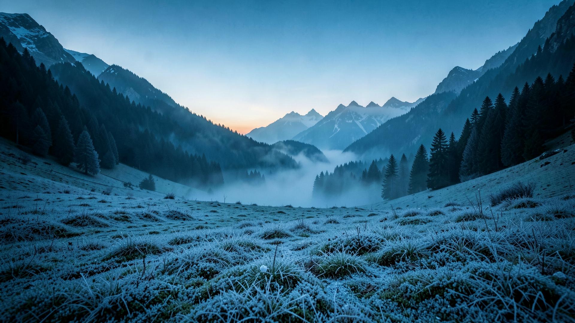 Valle de montaña con escarcha y niebla al amanecer